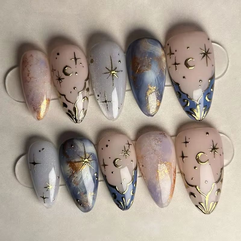 Nail Art Glitter - Zestaw 24 szt. krótkich, migdałowych paznokci,