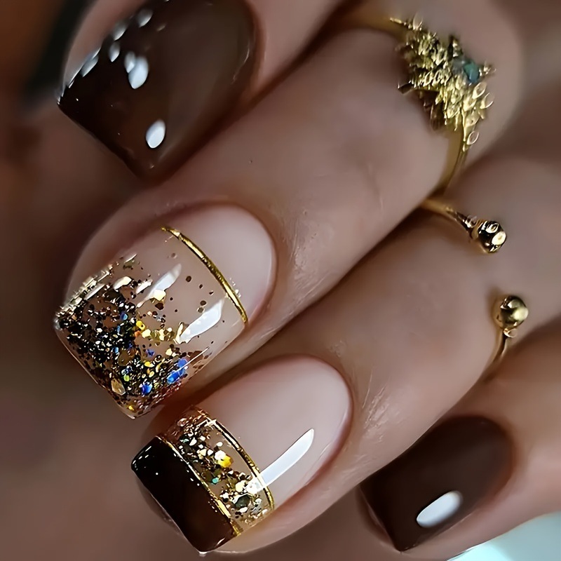 Nail Art Glitter - Krótkie kwadratowe sztuczne paznokcie dla kobiet,