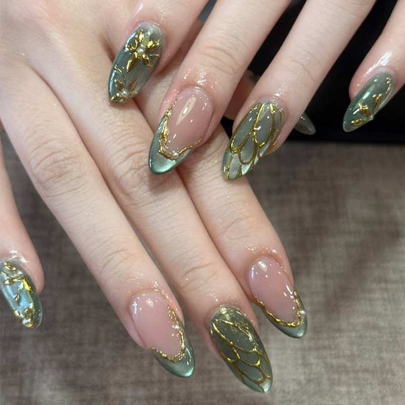 Nail Art Fake - 24 szt. Zielone sztuczne paznokcie kocie