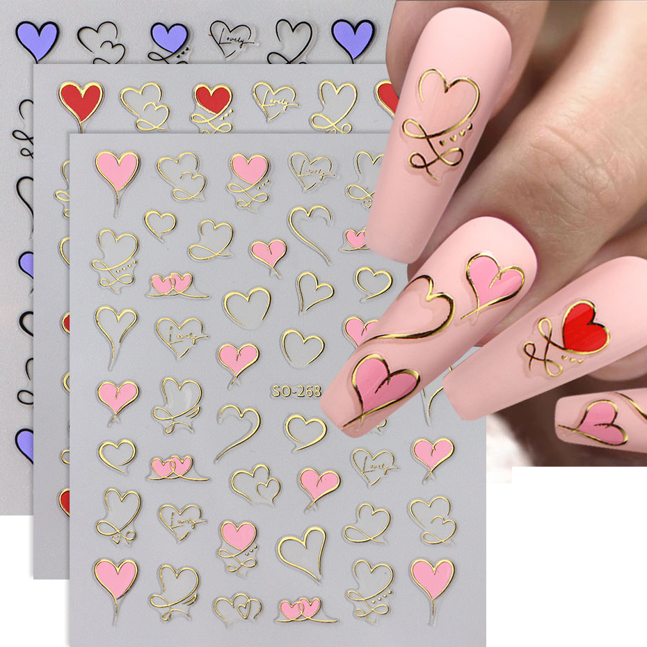 Nail Art Valentine - 3szt Y2K Gold Wave Line Heart