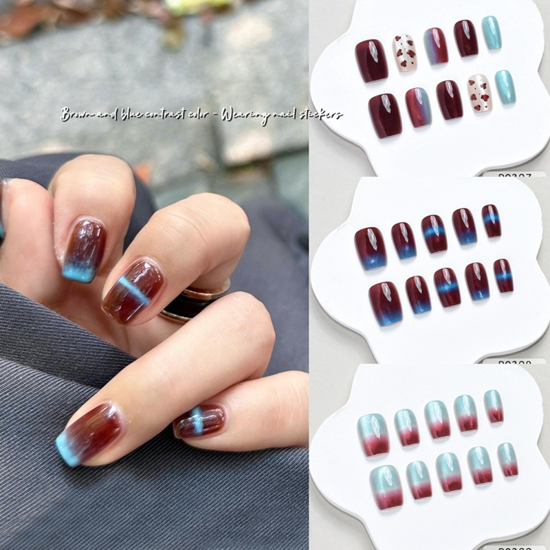 Nail Art Fake - 10 szt. Jesienno-zimowe, nowe, niebiesko-brązowe, kontrastowe